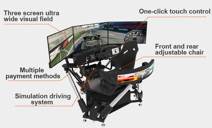 6 DOF السيارات السباقية أركاد معدات القيادة الحركية الديناميكية 3 جهاز محاكاة القيادة الشاشة 3
